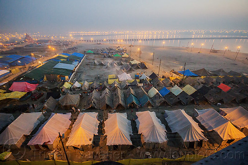 aerial view of kumbh mela 2013 (india), aerial photo, dawn, ganga, ganges river, hindu pilgrimage, hinduism, kumbh mela, tents