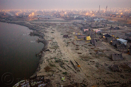 aerial view of kumbh mela 2013 winding down (india), aerial photo, dawn, ganga, ganges river, hindu pilgrimage, hinduism, kumbh mela, river bank, tents