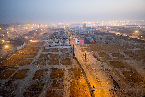 aerial view of kumbh mela 2013 winding down (india), aerial photo, dawn, hay, hindu pilgrimage, hinduism, kumbh mela, patches, tents