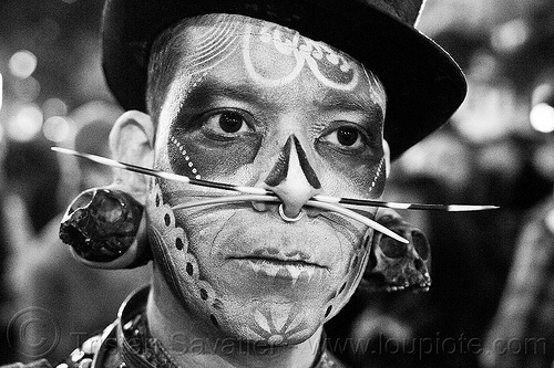 airbrush skull makeup - dia de los muertos - halloween (san francisco), airbrush stencil, body jewelry, day of the dead, dia de los muertos, ear piercing, face painting, facepaint, gauged ears, halloween, makeup, man, night, nose piercing, septum piercing, stretched earlobes