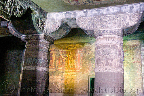 ajanta caves - ancient buddhist temples (india), ajanta caves, buddhism, buddhist temple, cave, columns, hindu temple, hinduism, rock-cut