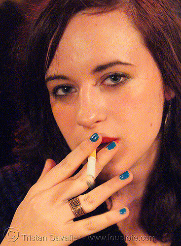 alice cantillon - bar "le piano vache" (paris), blue, cigarette, finger ring, hand, le piano vache, nail polish, nails, red lipstick, smoker, smoking, stranger, woman