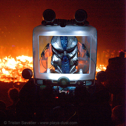 alien monster - burning man 2007, alien, burning man, costume, display, glowing, mask, monitor, night, screen, temple burning