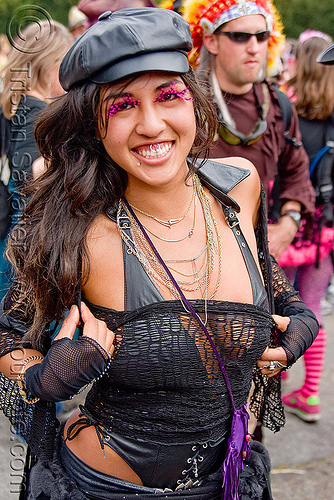 alisha robles - bay to breaker footrace and street party (san francisco), alisha, bay to breakers, chain necklaces, costume, eyelashes extensions, fishnet top, footrace, leather cap, leather outfit, street party, superior fraenum piercing, woman