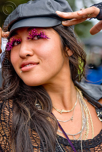 alisha robles - portrait, alisha, bay to breakers, costume, feather eyelashes extensions, footrace, leather cap, necklaces, pink, purple, street party, woman