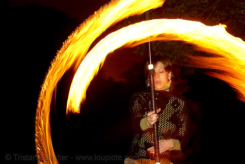 alissa spinning fire staff (san francisco), alissa, fire dancer, fire dancing, fire performer, fire spinning, fire staff, night, spinning fire