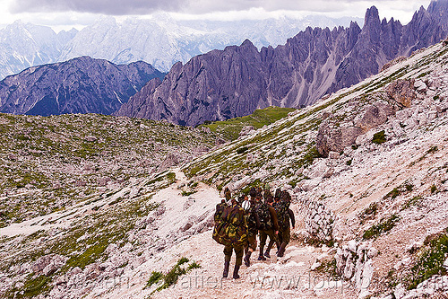 alpini - italian infantry soldiers training in the alps, alpines, alpini, alps, army green, battledress, boots, camouflage, dolomites, fatigues, heavy backpacks, hiking, italian army, khaki, landscape, men, military, mountain infantry, mountain troops, mountains, parco naturale dolomiti di sesto, soldiers, trail, training, uniform, walking