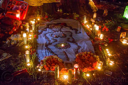 altar de muerto for a woman - dia de los muertos, altar de muertos, candles, day of the dead, dia de los muertos, drawing, halloween, memorial, night, pebbles, woman