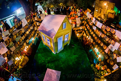 altar de muerto in shape of small house - dia de los muertos (san francisco), altar de muertos, candles, day of the dead, dia de los muertos, halloween, house, housing, memorial, night