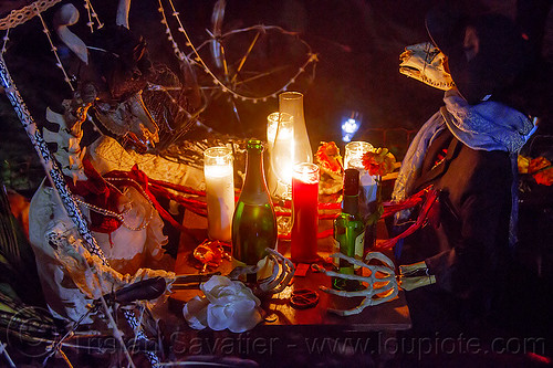 altar de muerto - lovers dinner - dia de los muertos, altar de muertos, animal skeletons, candles, day of the dead, dia de los muertos, dinner, halloween, memorial, night, table