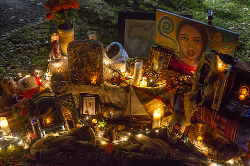 altar de muerto with candles, altar de muertos, candles, day of the dead, dia de los muertos, halloween, memorial, night