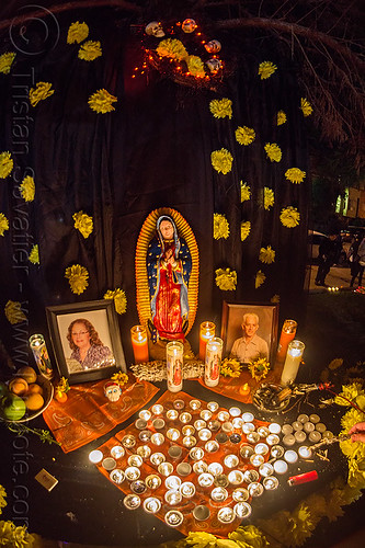 altar de muerto with virgen de guadalupe - dia de los muertos (san francisco), altar de muertos, candles, day of the dead, dia de los muertos, halloween, memorial, night, our lady of guadalupe, virgen de guadalupe