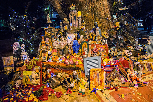 altar de muertos - dia de los muertos, altar de muertos, day of the dead, decorated skulls, dia de los muertos, halloween, mementos, night, sugar skulls