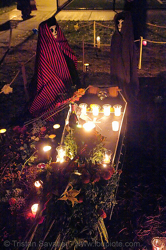 altar de muertos - memorial - dia de los muertos - halloween (san francisco), altar, candles, casket, coffin, costumes, day of the dead, dia de los muertos, halloween, night