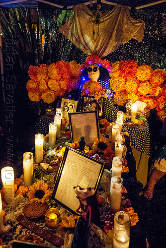 altar de muertos - sisters of perpetual indulgence - dia de los muertos (san francisco), altar de muertos, candle light, day of the dead, dia de los muertos, glass candles, halloween, marigold flowers, mementos, night