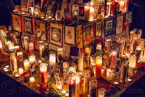 altar de muertos with glass candles - dia de los muertos, altar de muertos, day of the dead, dia de los muertos, frames, glass candles, halloween, mementos, night