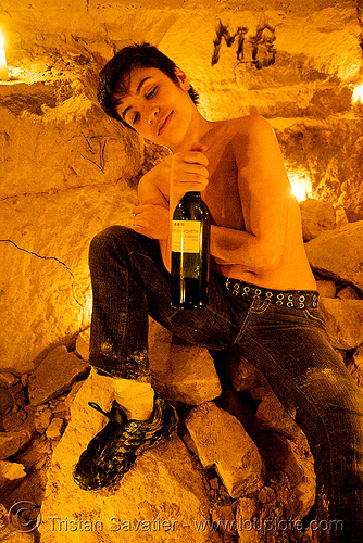 alyssa - catacombes de paris - catacombs of paris (off-limit area), candles, cataphile, cave, clandestines, illegal, new year's eve, underground quarry, wine, woman