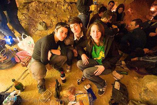 alyssa, gaëlle and coraline - catacombes de paris - catacombs of paris (off-limit area), candles, cataphile, cave, clandestines, illegal, new year's eve, underground quarry, women