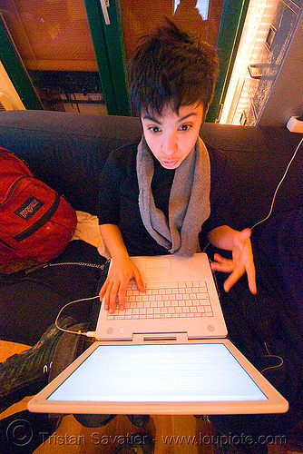 alyssa working with her apple iBook, apple ibook, laptop, mac, macintosh, screen, woman, working