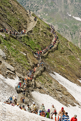 amarnath trail in rugged himalayas mountains - line of pilgrims and ponies - amarnath yatra (pilgrimage) - kashmir, amarnath yatra, hindu pilgrimage, kashmir, mountain trail, mountains, pilgrims, snow