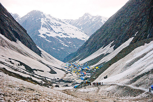 amarnath valley and tent village - amarnath yatra (pilgrimage) - kashmir, amarnath yatra, hindu pilgrimage, kashmir, landscape, mountains, pilgrims, snow, trail, valley