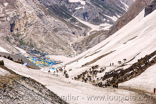 amarnath yatra (pilgrimage) - kashmir, amarnath yatra, encampment, glacier, hindu pilgrimage, horses, kashmir, kashmiris, mountain trail, mountains, pilgrims, ponies, pony station, snow, tents, valley