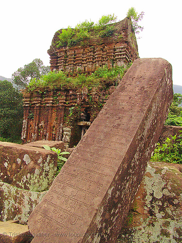 ancient writing etched in stone - mỹ sơn cham sanctuary (hoi an) - vietnam, ancient, cham temples, engraved, engraving, etched, etching, hindu temple, hinduism, my son, mỹ sơn, ruine, ruins