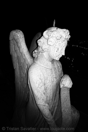 angel statue - tour saint jacques (paris), angel wings, bell tower, campanil, church tower, jean-louis chenillon, monument, night, paris, sculpture, tour saint-jacques, towers, trespassing