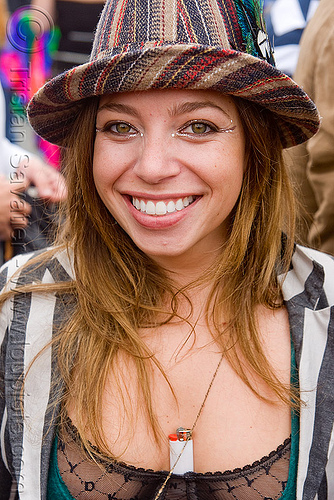 annika - burning man decompression, annika, hat, lighter, woman