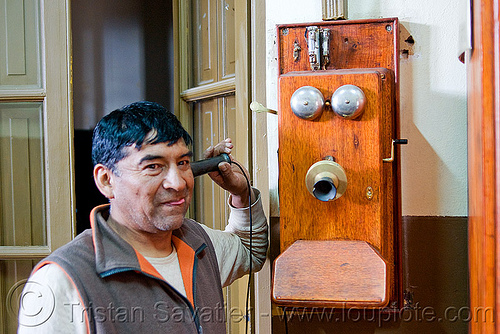 antique telephone - san antonio de los cobres train station (argentina), argentina, calling, dynamo, hand crank, man, noroeste argentino, old, railroad, railway, san antonio de los cobres, telephone, train station, tren a las nubes, wall phone