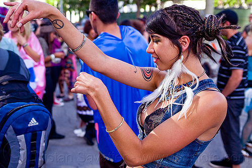 ariana dancing - feather earrings, ariana, blue stones necklace, dancing, white feather earrings, woman