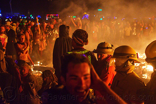 around the fire - burning man 2012, backlight, burning man, dancing, drown, fire, firefighters, night of the burn, silhouettes, the man