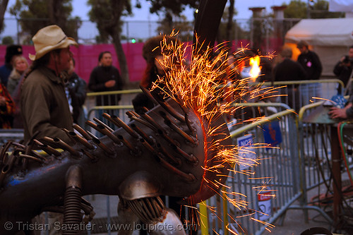 art installation at the burning man fire arts exposition 2006, art installation, burning man fire arts exposition, orion fredericks, sculpture, sparks