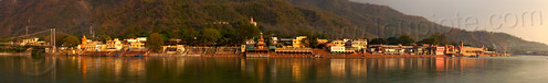 ashrams and ghats on the ganges river in rishikesh (india), ashrams, ganga, ganges river, ghats, panorama, ram jhula, rishikesh, suspension bridge