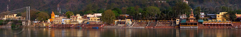 ashrams and ghats on the ganges river in rishikesh (india), ashrams, ganga, ganges river, ghats, panorama, ram jhula, rishikesh, suspension bridge