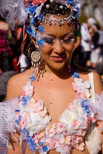 asian woman in carnival costume, blue, carnival costume, flower bra, flower costume, headdress, lovevolution, pink, woman