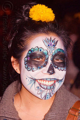 asian woman with sugar skull makeup, asian woman, bindis, day of the dead, dia de los muertos, face painting, facepaint, halloween, night, sugar skull makeup, yellow flower headdress