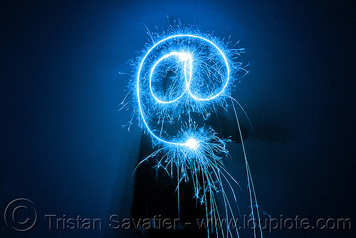 at sign - @ - light painting with sparkler, at sign, at symbol, blue, dark, icon, light drawing, light painting, sarah, silhouette, sparklers, sparkles