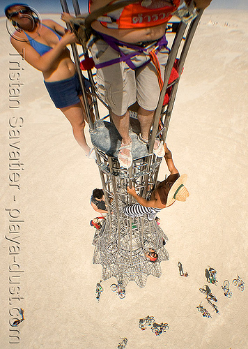 at the top of elevation tower - burning man 2008, art installation, burning man, climbing, elevation tower, fisheye, interactive, michael christian, sculpture