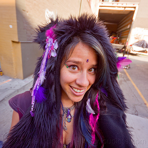 aurelia with furry hat - how weird street fair (san francisco), aurelia, fuzzy hat, woman