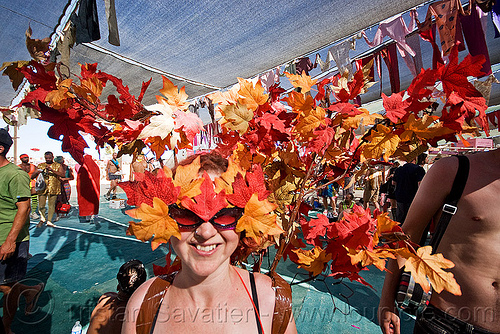 autumn leaves costume hat, attire, autumn, burning man outfit, costume, fall, hat, headdress, mapple leaves, woman