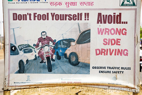avoid wrong side driving - sign (india), billboard, cars, india, motorcycle, road sign, safety