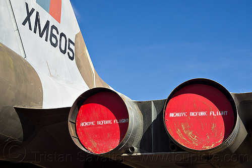 avro vulcan b-2 bomber, aircraft, army museum, avro, b-2, blue sky, bomber, castle air force base, castle air museum, cold war, exhaust covers, jet engines, military, plug, raf, rear, royal air force, vulcan, war plane, xm805