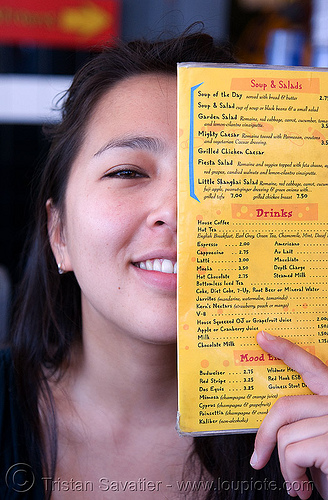 aya (san francisco), aya, half, menu, woman, yellow