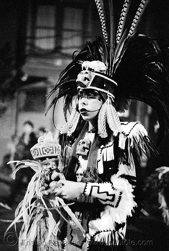 aztec dance group 'xolo, sacred dance' - dia de los muertos - halloween (san francisco) - eva, aztec dancer, costumes, day of the dead, dia de los muertos, eva, feathers, halloween, hat, makeup, night, p3200tmz, pushed, sacred dance, tmax, xolo
