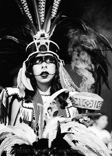 aztec dance group "xolo, sacred dance" - dia de los muertos - halloween (san francisco) - eva, aztec dancer, costumes, day of the dead, dia de los muertos, eva, feathers, halloween, hat, makeup, night, p3200tmz, pushed, sacred dance, tmax, woman, xolo
