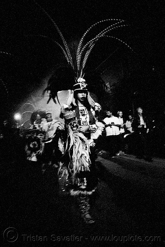 aztec dance group 'xolo, sacred dance' - dia de los muertos - halloween (san francisco) - eva, aztec dancer, costumes, day of the dead, dia de los muertos, eva, feathers, halloween, hat, makeup, night, p3200tmz, pushed, sacred dance, tmax, xolo