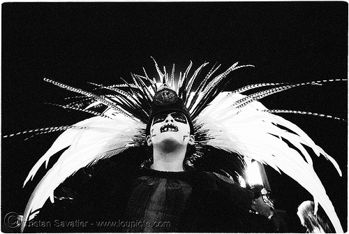 aztec dance group 'xolo, sacred dance' - dia de los muertos - halloween (san francisco) - teresa, aztec dancer, costumes, day of the dead, dia de los muertos, feathers, halloween, hat, makeup, night, p3200tmz, pushed, sacred dance, tmax, xolo