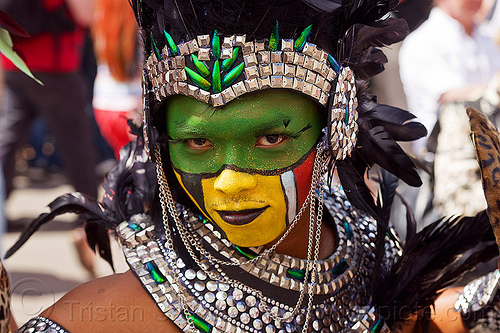 aztec dancer costume, aztec dancer, black feathers, chains, costume, facepaint, gay pride, headdress, indigenous, man, paris, tribal