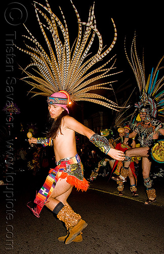 aztec dancer with feathers - dia de los muertos - halloween (san francisco), aztec, costume, day of the dead, dia de los muertos, feathers, halloween, man, mexican, night